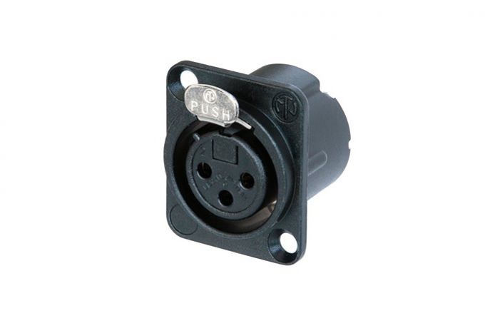 NC3FD-LX-BAG (Tasker TN070) — Connettore XLR 3 poli femmina da pannello con contatti argentati, corpo e alloggiamenti in metallo nero