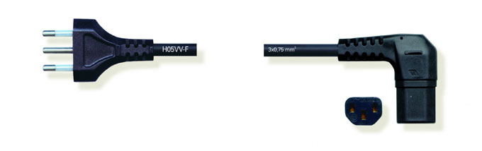 A215 — Cavetto di alimentazione 10 Ampere con contatto di terra + C.E.E. 6 Ampere a pipa