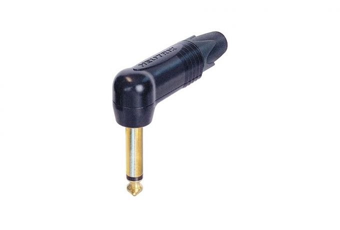 NP2RX-B (Tasker TN325) — Jack mono maschio 6,3 ad angolo retto in metallo nero con contatti dorati.