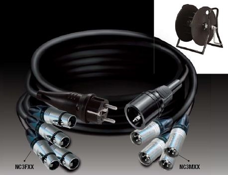 DIF4S294S3 — C294 Tasker cable - Neutrik 4x NC3FXX – Schuko rubber plug / Neutrik 4x NC3MXX – Schuko rubber socket