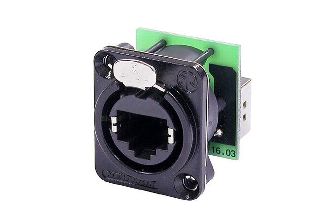 NE8FDP-B — Connettore da pannello EtherCON Serie D, a pannello, CAT5 femmina, corpo nero