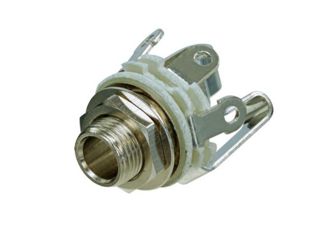 NYS230 (Tasker TN402) — Jack 6,3 open female stereo connector with washer and nut. panel thickness 3,5 mm with 0,205'' faston tabs