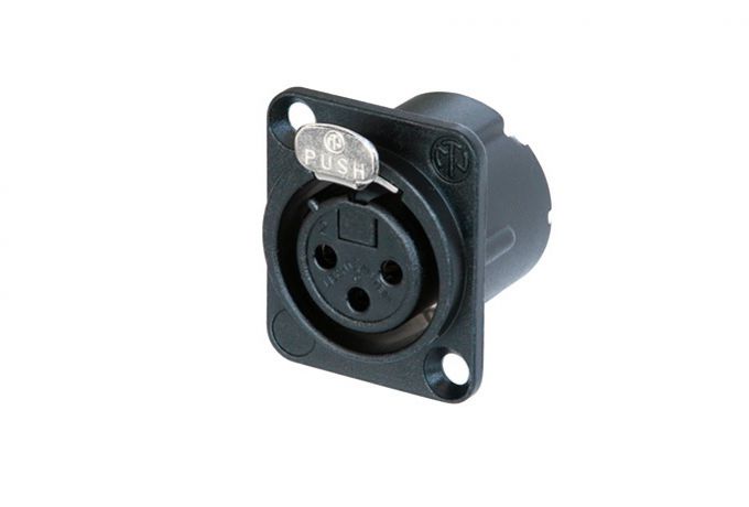 NC3FD-LX-B (Tasker TN069) — Connettore XLR 3 poli femmina da pannello con contatti dorati e corpo e alloggiamenti in metallo nero