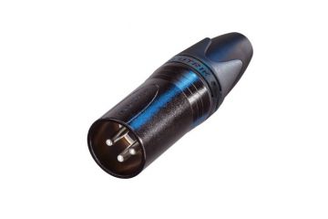 Black metal male XLR 3 pin connector with silver contacts and black metal body